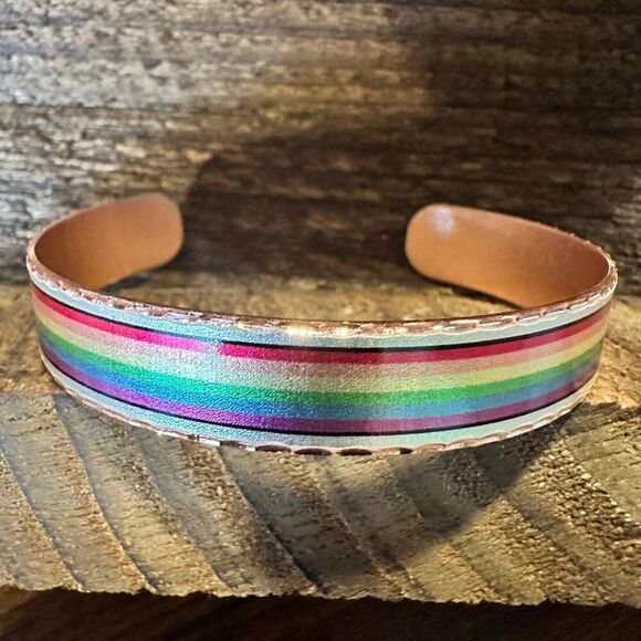 Handmade Boho Copper Narrow Cuff Bracelet, Diamond Cut Rainbow Pride Design, Gi - Picture 8 of 9
